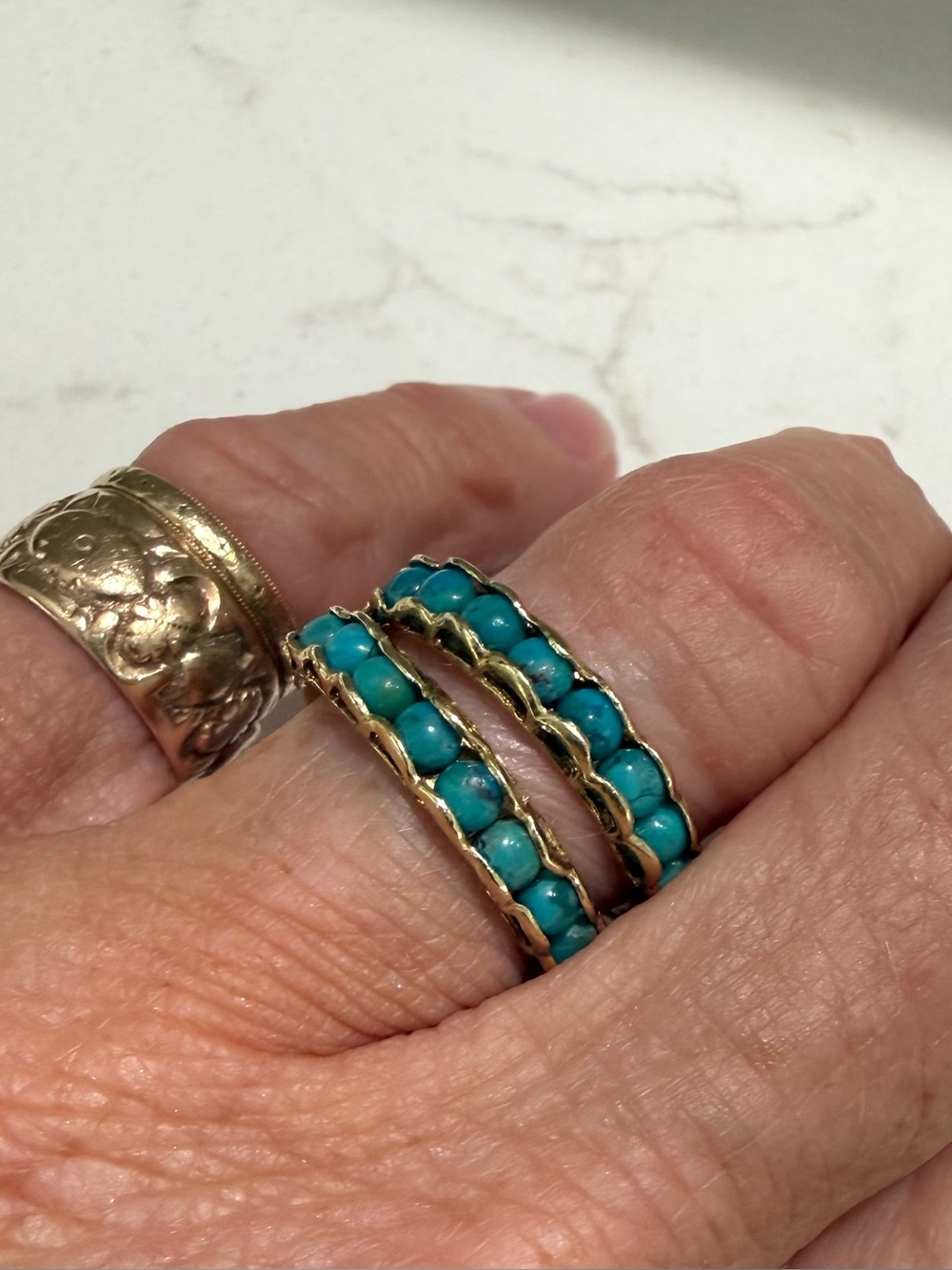 Pair of 14k Yellow Gold Turquoise Eternity Bands